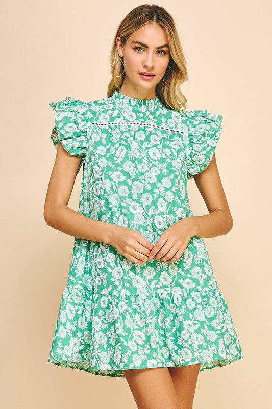 FLORAL PRINT MINI DRESS - JADE GREEN: