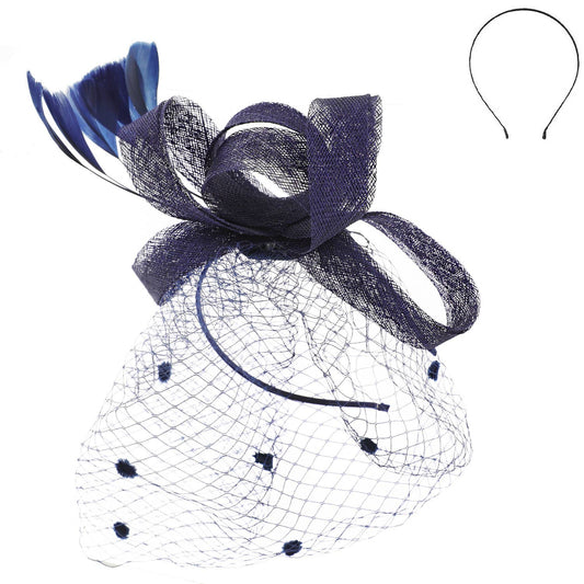 Organza Bow w/ Feathers Dotted Netting Headband Fascinator navy