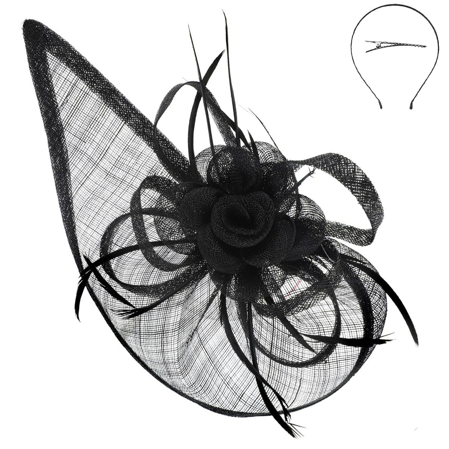 Sinamay Floral Crescent Mesh Netting Fascinator Headband Black