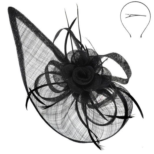 Sinamay Floral Crescent Mesh Netting Fascinator Headband Black