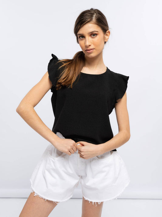 BLACK FLUTTER CAP SLEEVE TOP