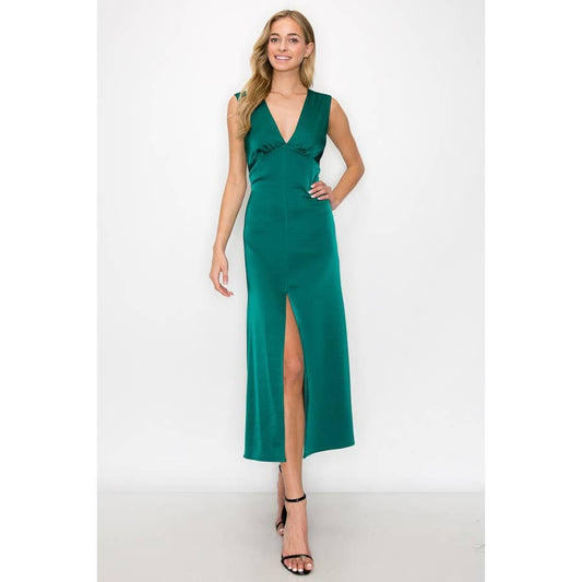 Sleeveless satin midi dress open-back design: GREEN