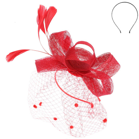 Organza Bow w/ Feathers Dotted Netting Headband Fascinator